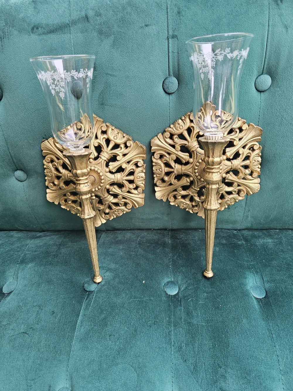 Homco Gold Ornate Syroco Wall Candle Sconces with Etched Glass Shades